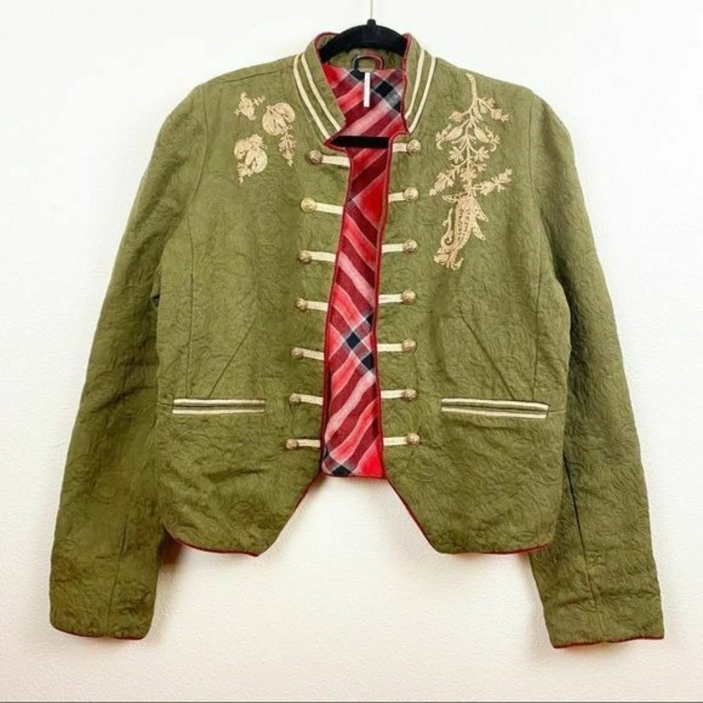 Free People Lauren Band Moss Army Green Embroidered Cropped Jacket Sz L OB807869